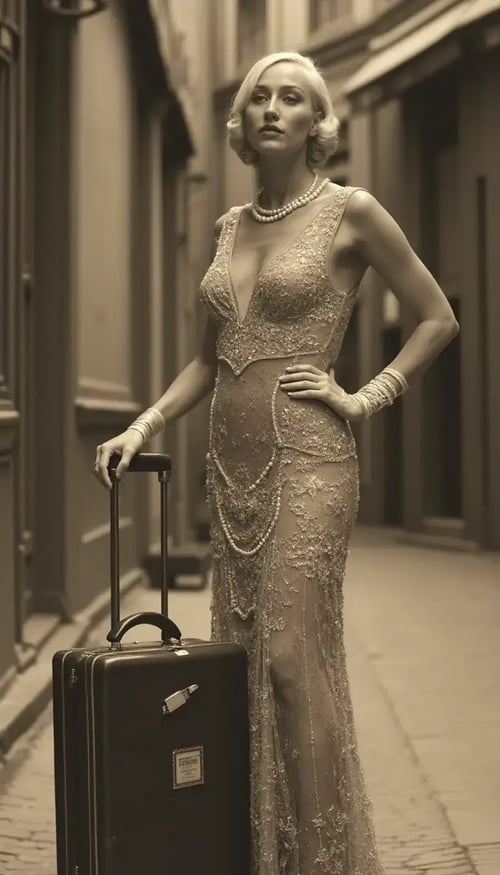 A person dressed in 1920s-style attire, posing with a vintage suitcase and hat, in front of a sepia-toned urban backdrop.