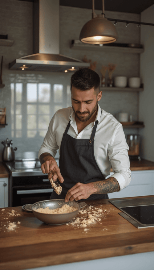 masculine model cooking or baking in a modern kitchen