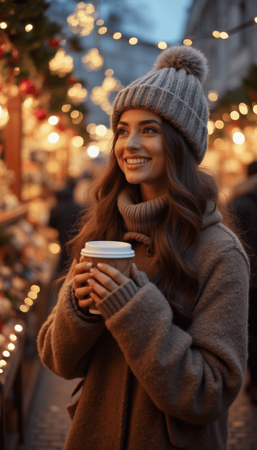 A festive full-body photo of a woman browsing a Christmas market, wearing a sweater and holding a cup of hot cocoa. The scene is alive with holiday stalls, string lights, and a cheerful crowd