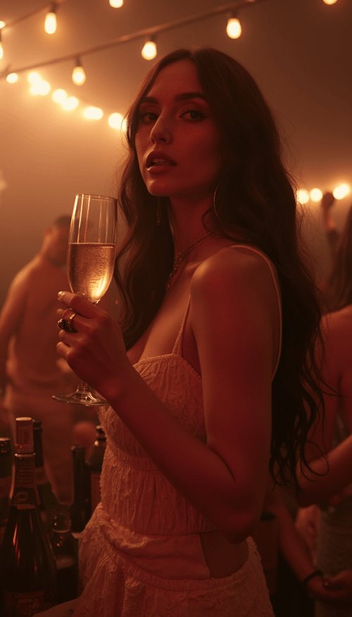 A model in a late party set-up holding champagne in her right hand.