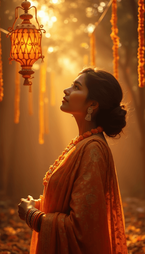 A model in traditional attire, surrounded by lanterns and marigold garlands, basking in the golden light.