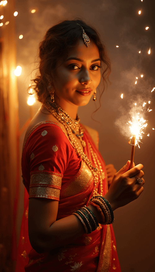 A model holding a cracker stick, dressed in Indian traditional attire, with a backdrop of bright, glowing lights.