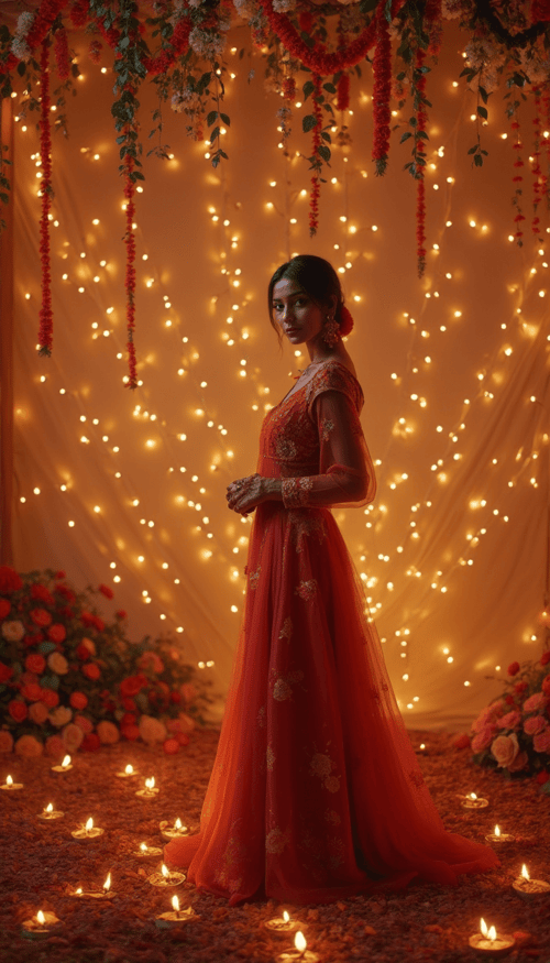 A glamorous model standing near a beautifully decorated Diwali backdrop with hanging lights, flowers, and diyas, exuding the festive spirit in a traditional dress.