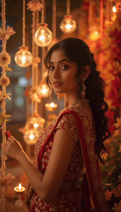 A model standing near a beautifully decorated Diwali backdrop with hanging lights, flowers, and diyas, modern glamour dress.