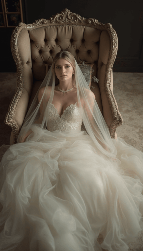 The bride lying on a plush chaise, her veil draped over her face and flowing around her, creating a dreamy, mysterious vibe.