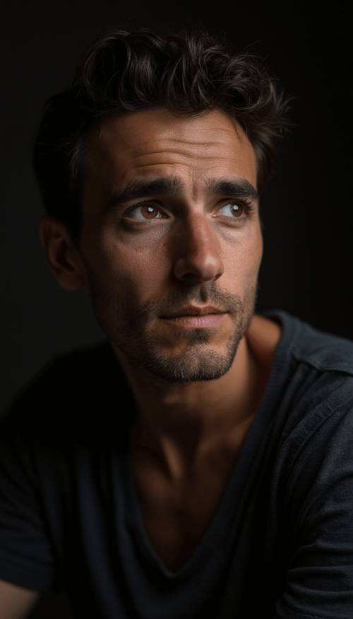  A theatrical headshot with high-contrast lighting, featuring an actor gazing thoughtfully into the distance, with subtle hints of tension in their expression.