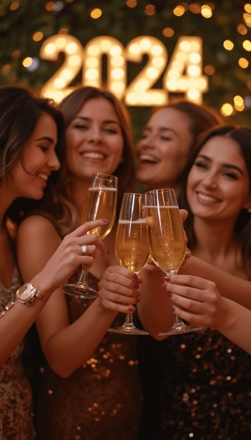Stylish party portrait featuring a group of friends in elegant outfits, each holding a glass of sparkling wine, with glowing '2024' decorations and golden confetti in the air.