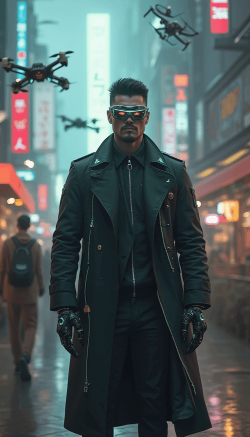 Full-body cyberpunk portrait of a man with robotic arms, a glowing visor over his eyes, and a black trench coat with neon green accents, standing in front of a bustling futuristic marketplace filled with holograms and flying drones.