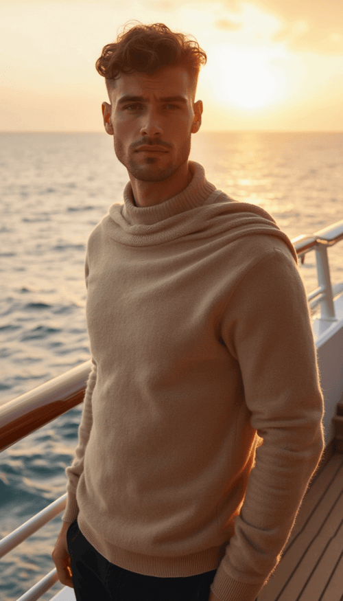  A young man in a beige cashmere sweater draped over his shoulders, standing on the deck of a luxury yacht at sunset, with the calm sea and golden light creating a serene yet opulent atmosphere.