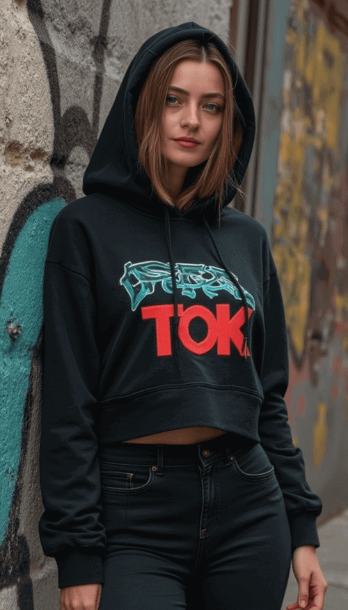 Generate a club-inspired portrait of a confident female model wearing a fitted neon crop top and shorts. Incorporate dramatic colored lighting (pinks, blues, purples) for a high-energy, slightly sultry look