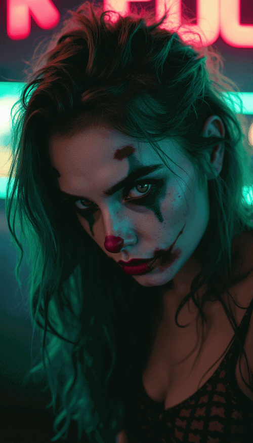 Showcase an alluring female Joker PFP scene under neon lights, featuring messy green hair, smudged lipstick, and a mischievous glare.